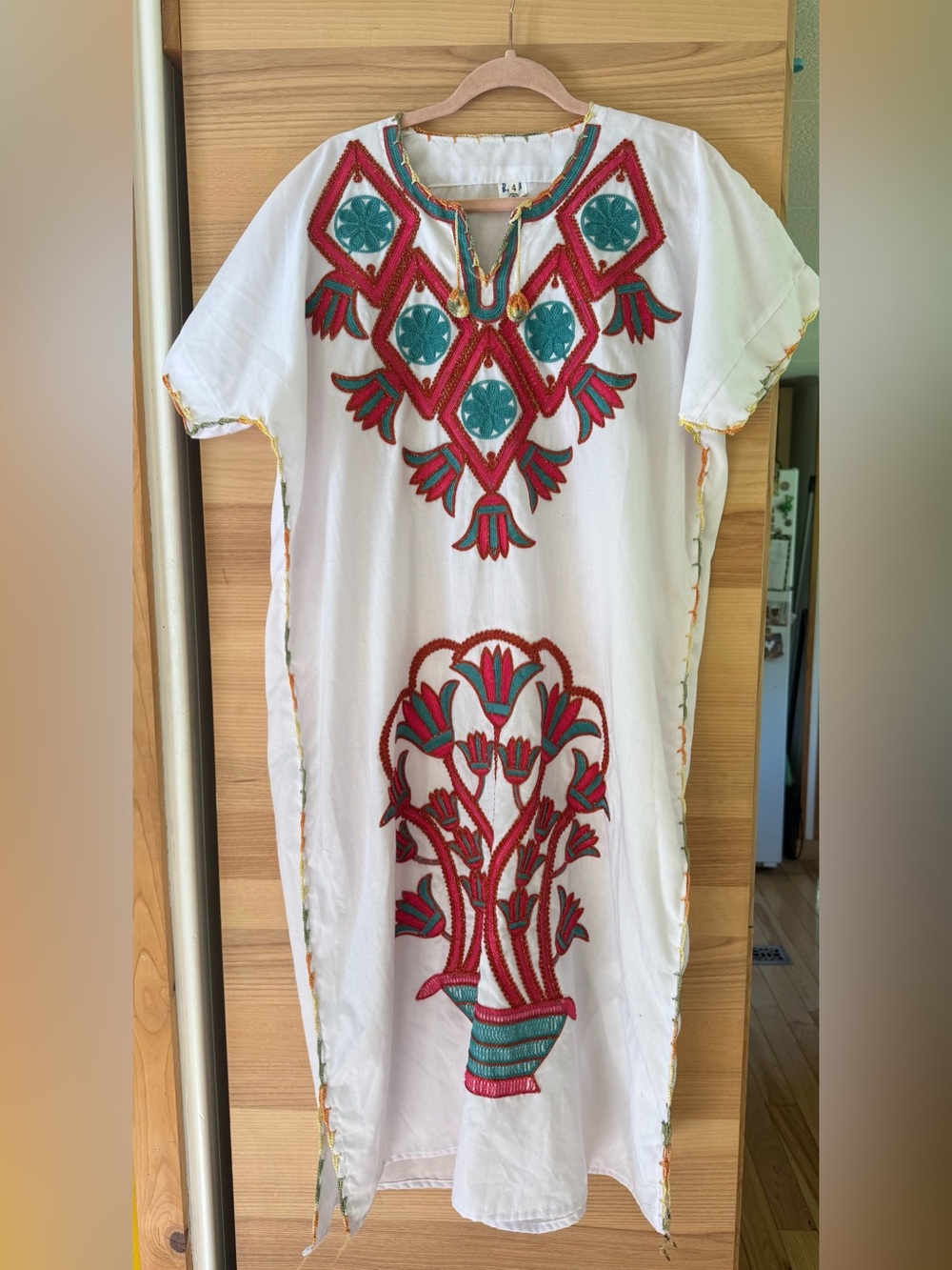 White Embroidered Mexican Style Tunic with Teal & Red Floral Design